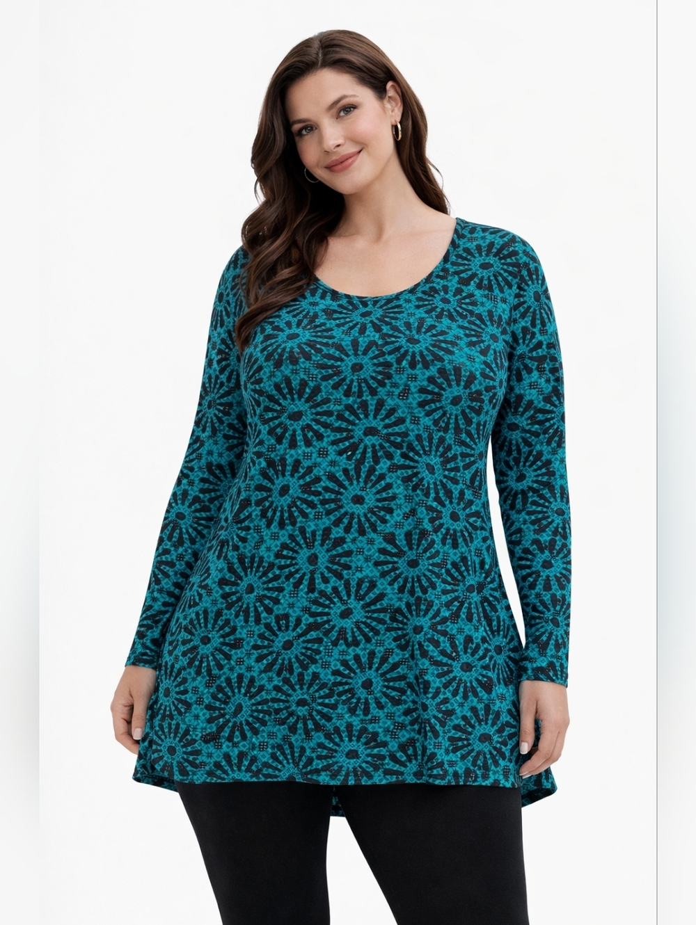 LuLaRoe Lynnae Top 3XL Teal‎ Black Floral Long Sleeve High Low Tunic